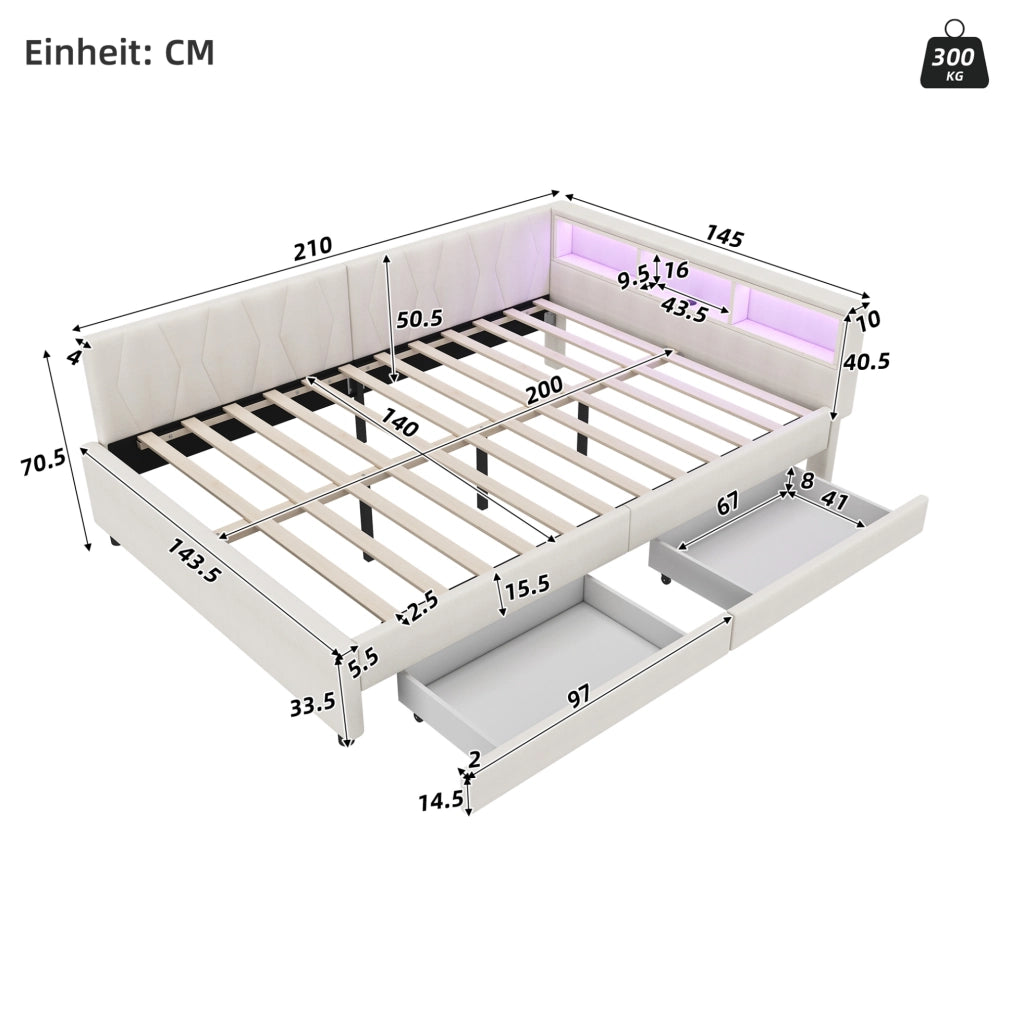 Divano letto 140x200 cm con LED, USB e 2 cassetti, beige