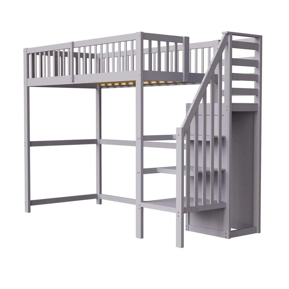 Letto a Soppalco con Scala e Armadio ¨C MINIMAL ¨C Legno Grigio 90x200