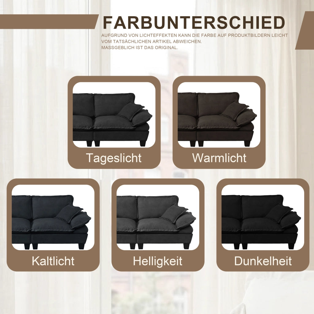 Divano modulare con portabicchieri, vano contenitore e USB, 2 pouf e 2 cuscini in ciniglia Nero