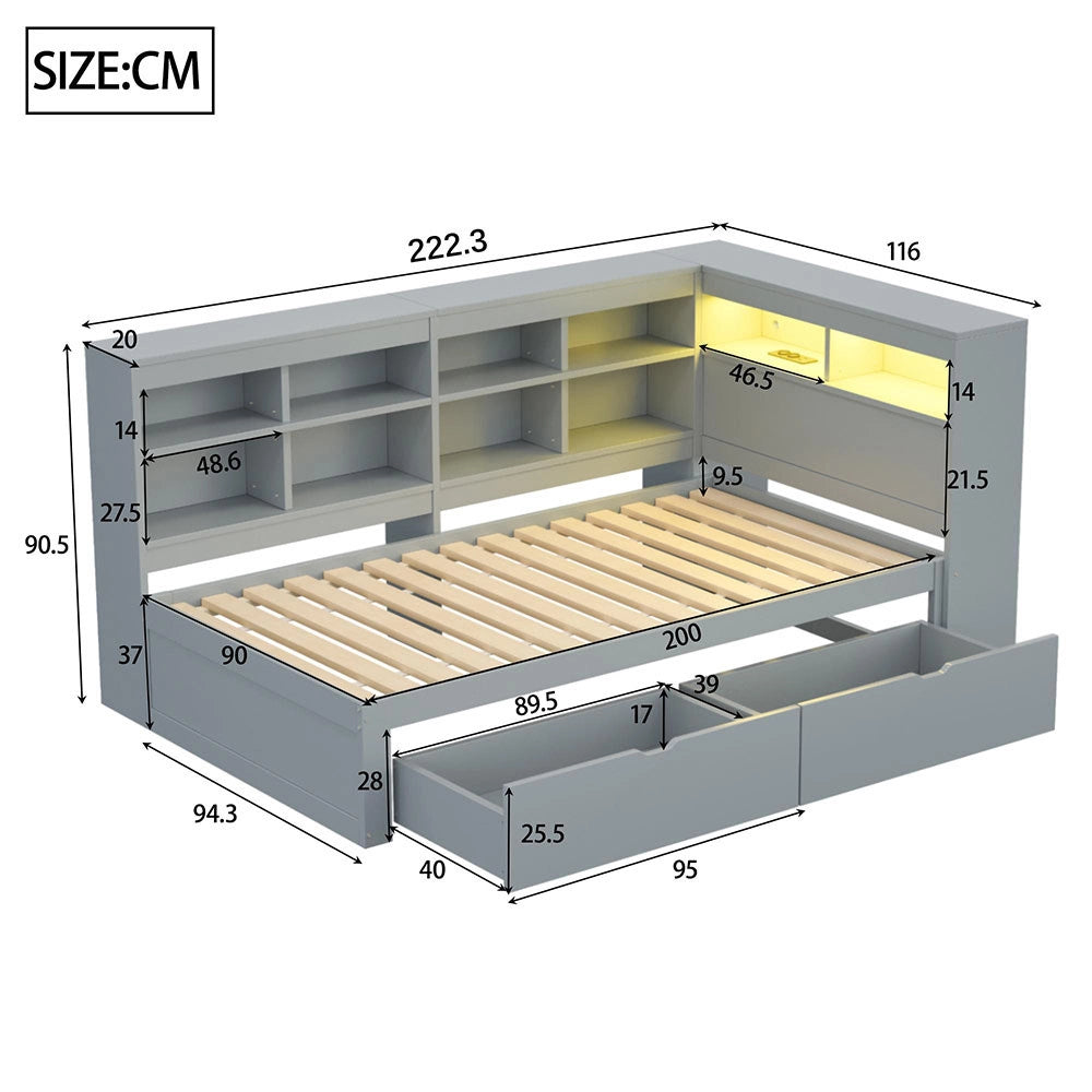 Divano letto legno 90x200cm - Xylo - grigio, USB/LED, ripiani, spazio