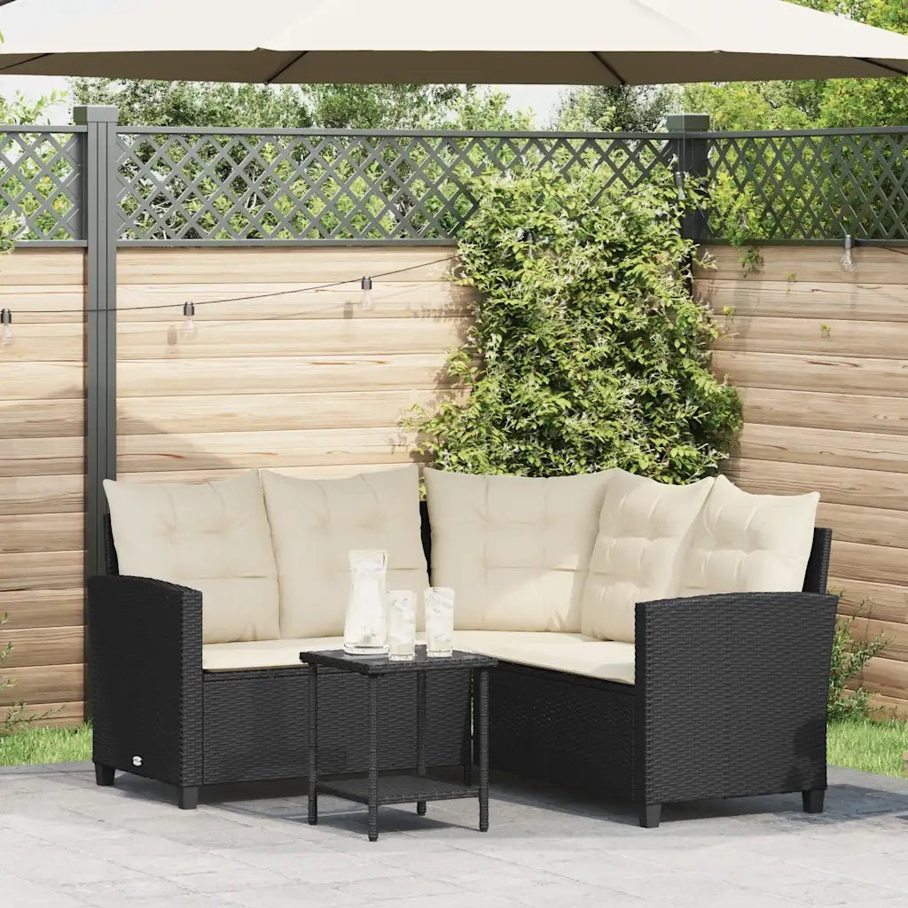 Divano da Giardino con Tavolo e Cuscini a L Nero in Polyrattan 4103872