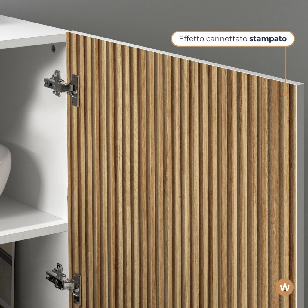 WHOUS Credenza Coste a 2 ante effetto cannetè bianco opaco e legno chiaro 120x43x126 cm