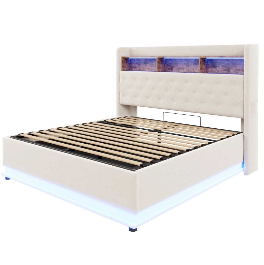 Letto imbottito LED con USB e ampio spazio contenitivo