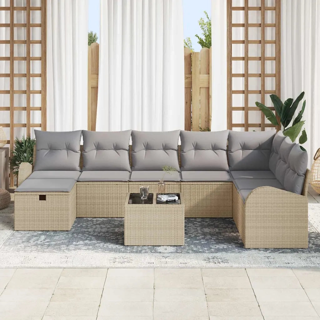Set Divano da Giardino con cuscino 9 pcs Beige Poly Rattan