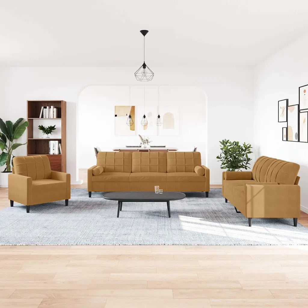 Set di Divani 3 pz con Cuscini e Rinforzi Marrone in Velluto 3278458