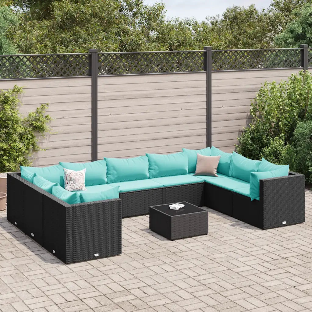 Set Salotto da Giardino 10pz con Cuscini in Polyrattan Nero