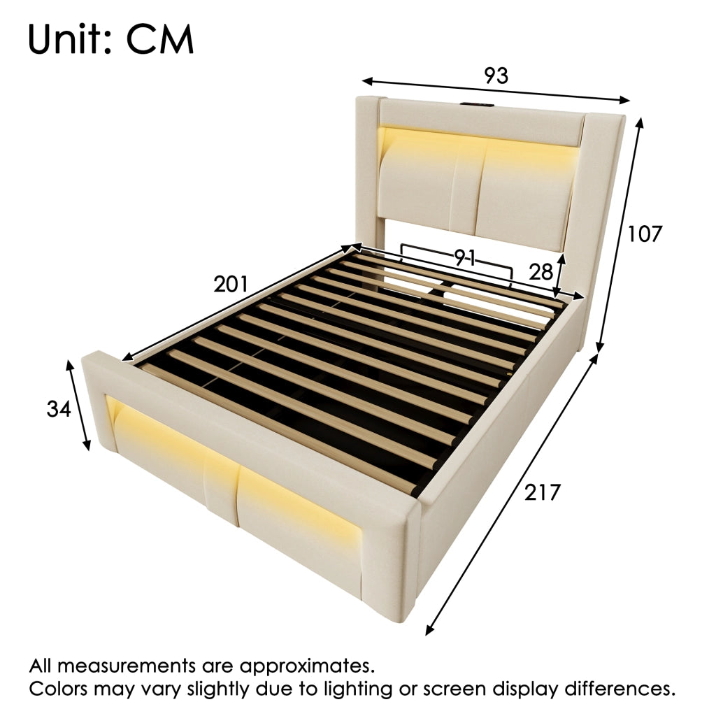 LETTO Singolo 90x200 cm in velluto beige con LED e porte USB/Type-C