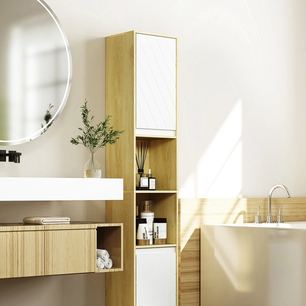 Colonna Bagno Stretto con 2 Ante e Ripiani Aperti ¨C Zephmum ¨C Rovere Bianco 30x24x170 cm
