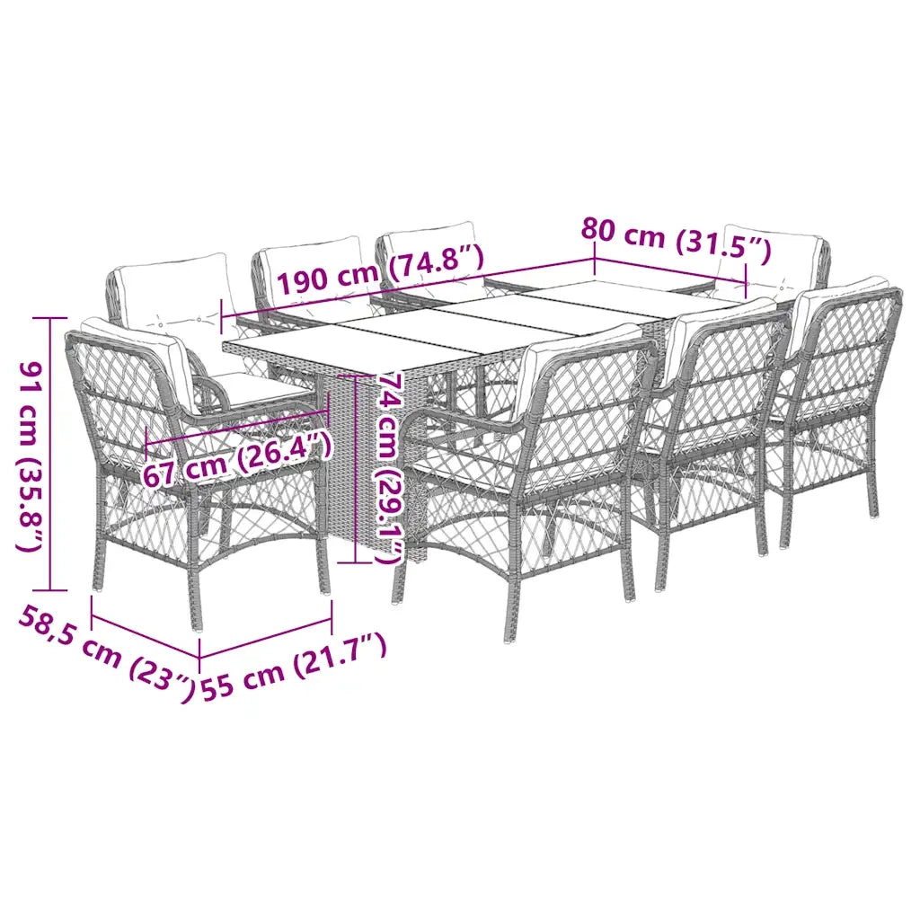 Set Pranzo da Giardino 9pz con Cuscini Grigio Chiaro Polyrattan