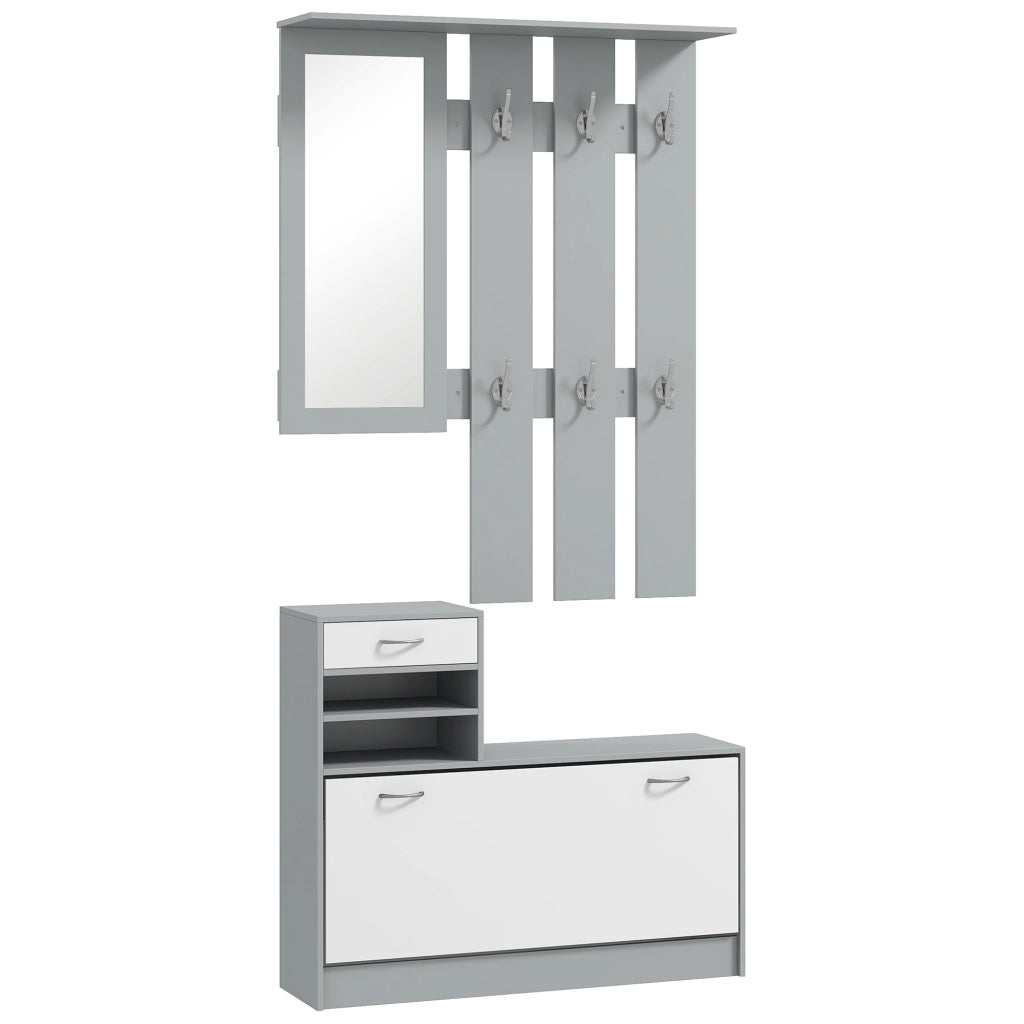 Appendiabiti con specchio e scarpiera ¨C zephmum ¨C 2 pezzi, grigio, con ganci e cassetto