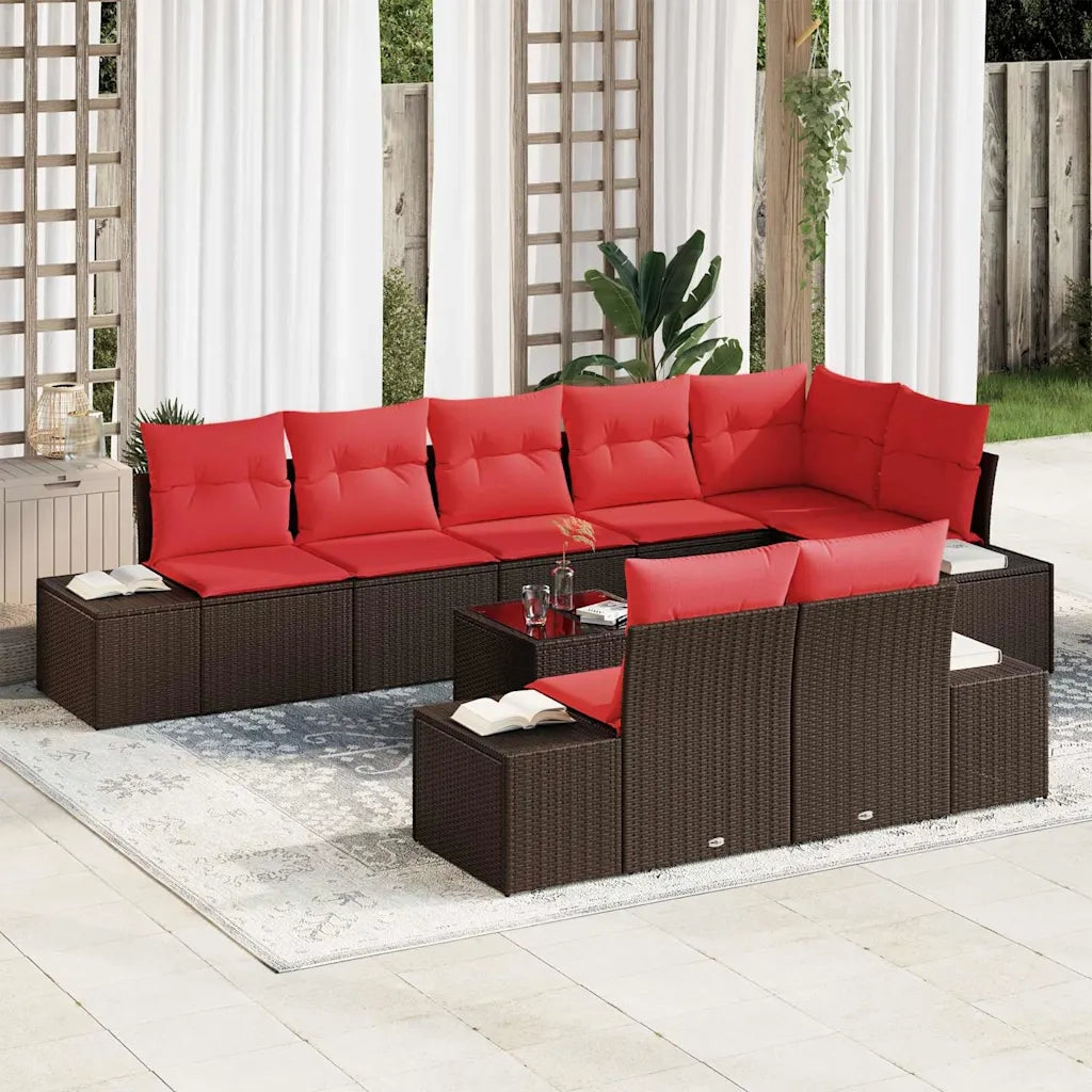 Set Divano da Giardino Marrone e Rosso Poly Rattan 3355793