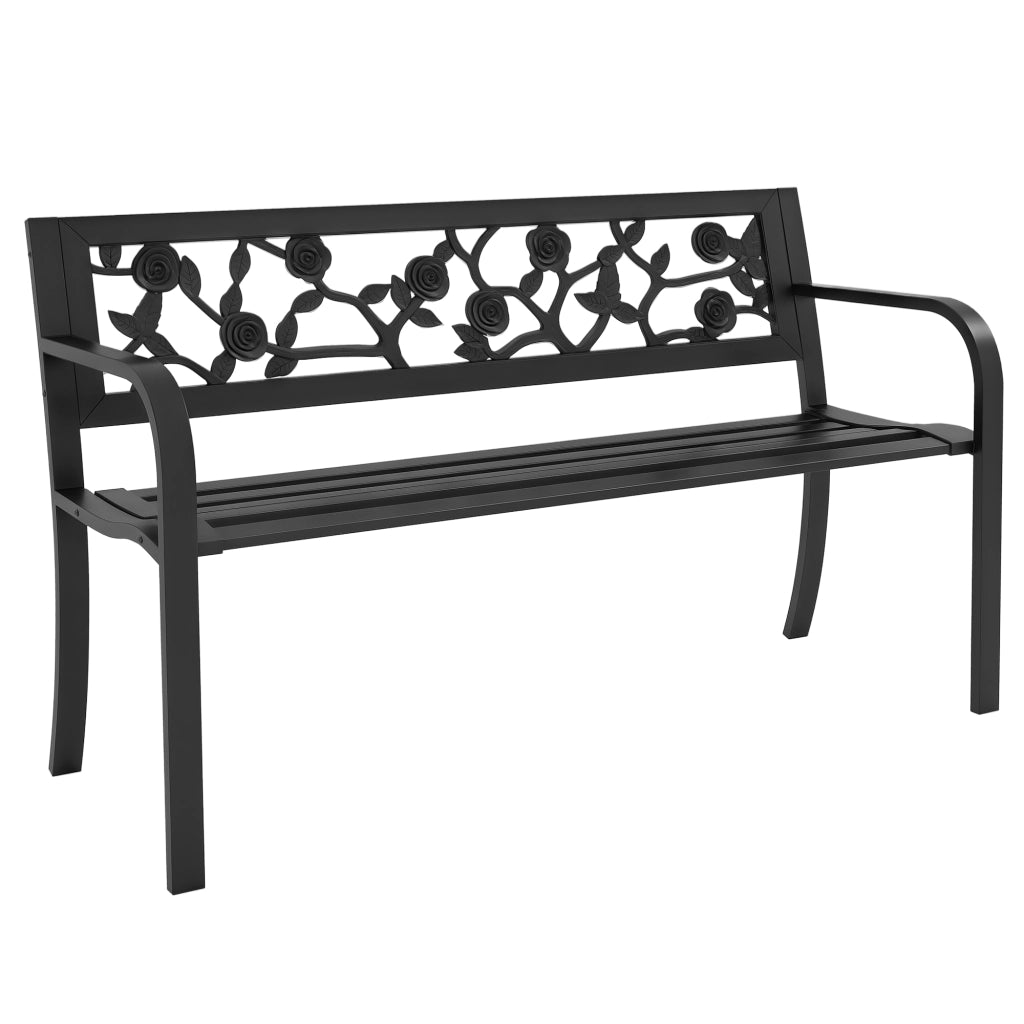 Panchina da Giardino 2 Posti ¨C Xylo ¨C Acciaio Nero con Schienale Decorato e Braccioli 127x50x75cm