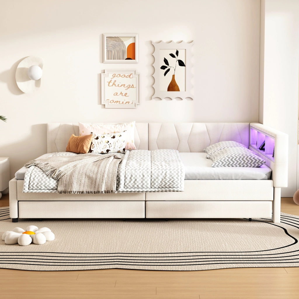 Letto Divano con Cassetti, LED e USB ¨C MINIMAL ¨C Tessuto Beige 140x200