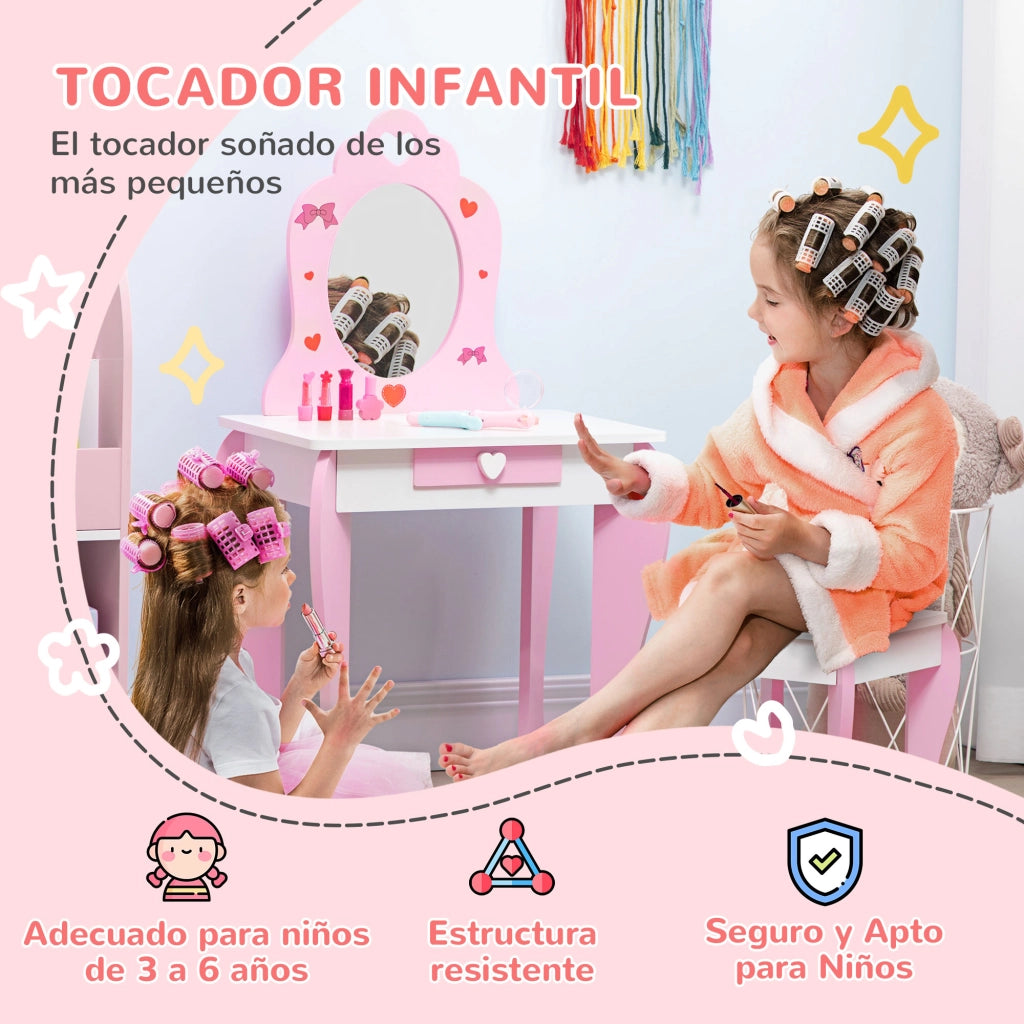 Tocador per bambini con specchio e sgabello ¨C zephmum ¨C rosa 50x36,5x89,5cm