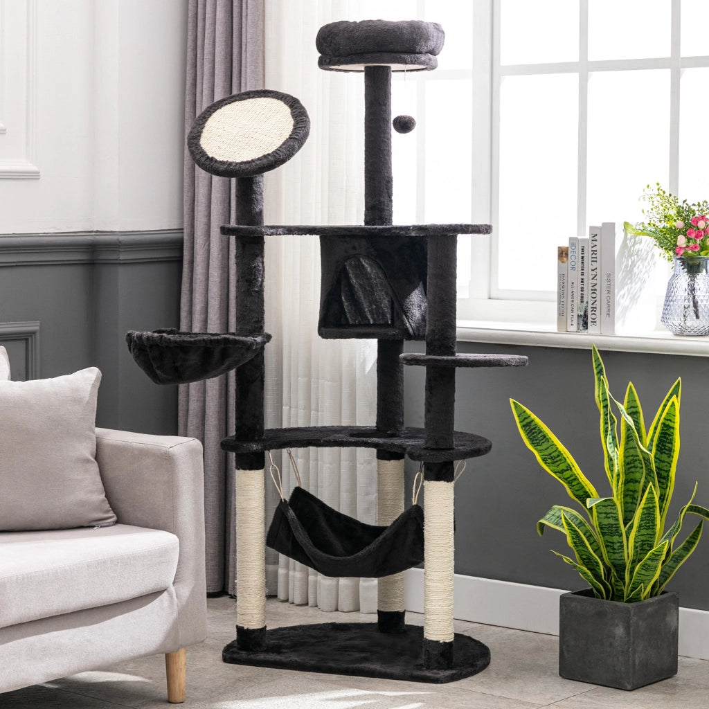 Torre per Gatti con Piattaforme Poste Amaca e Cueva ¨C Minimal ¨C Grigio Scuro 65x50x153 cm