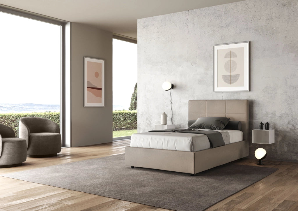 BS COM Letto una piazza e mezza con rete imbottito 120x200 microfibra sabbia
