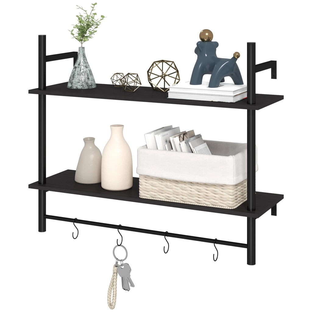 Scaffale a Parete 2 Livelli con 4 Ganci ¨C Minimal ¨C 80x24x65 cm Nero