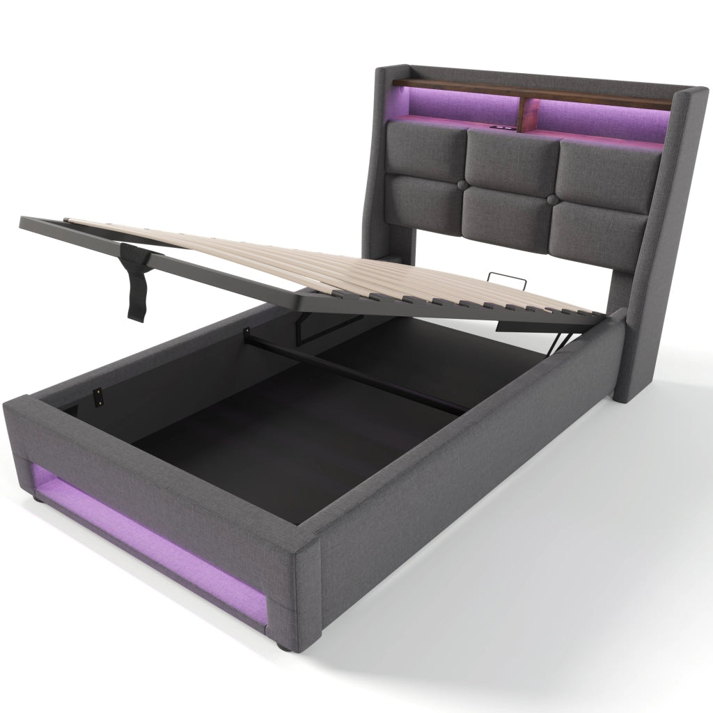 LETTO Imbottito 90x200 cm con USB e LED, tessuto lino grigio