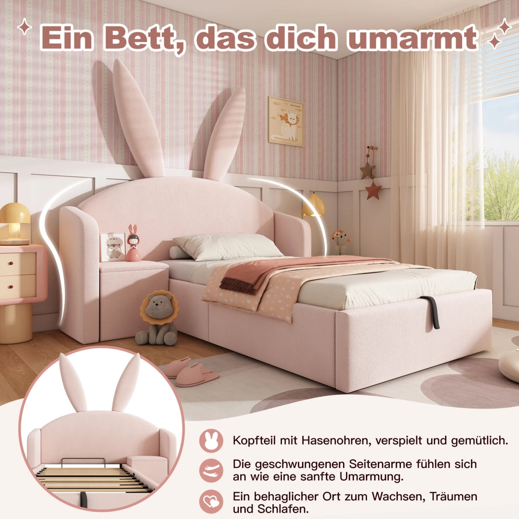 LETTO imbottito 90x200 cm Rosa in velluto con comodino laterale e contenitore