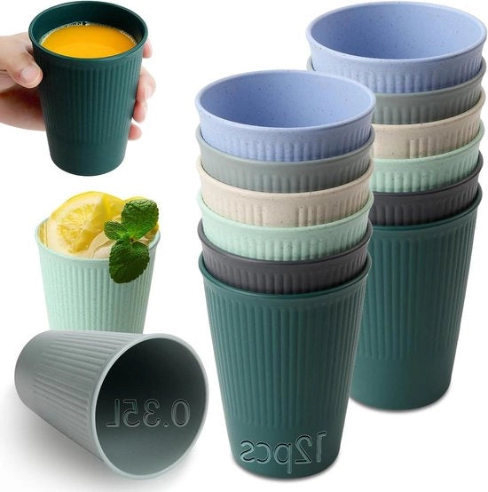 Set di Tazze Plastiche Riciclabili 0.35L in 6 Colori - Tazze Plastiche per Caffè Ideali per Feste a Casa - Confezione da 12