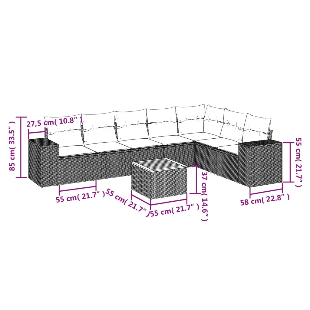 Set Divano da Giardino 8 pz con Cuscini Beige in Polyrattan