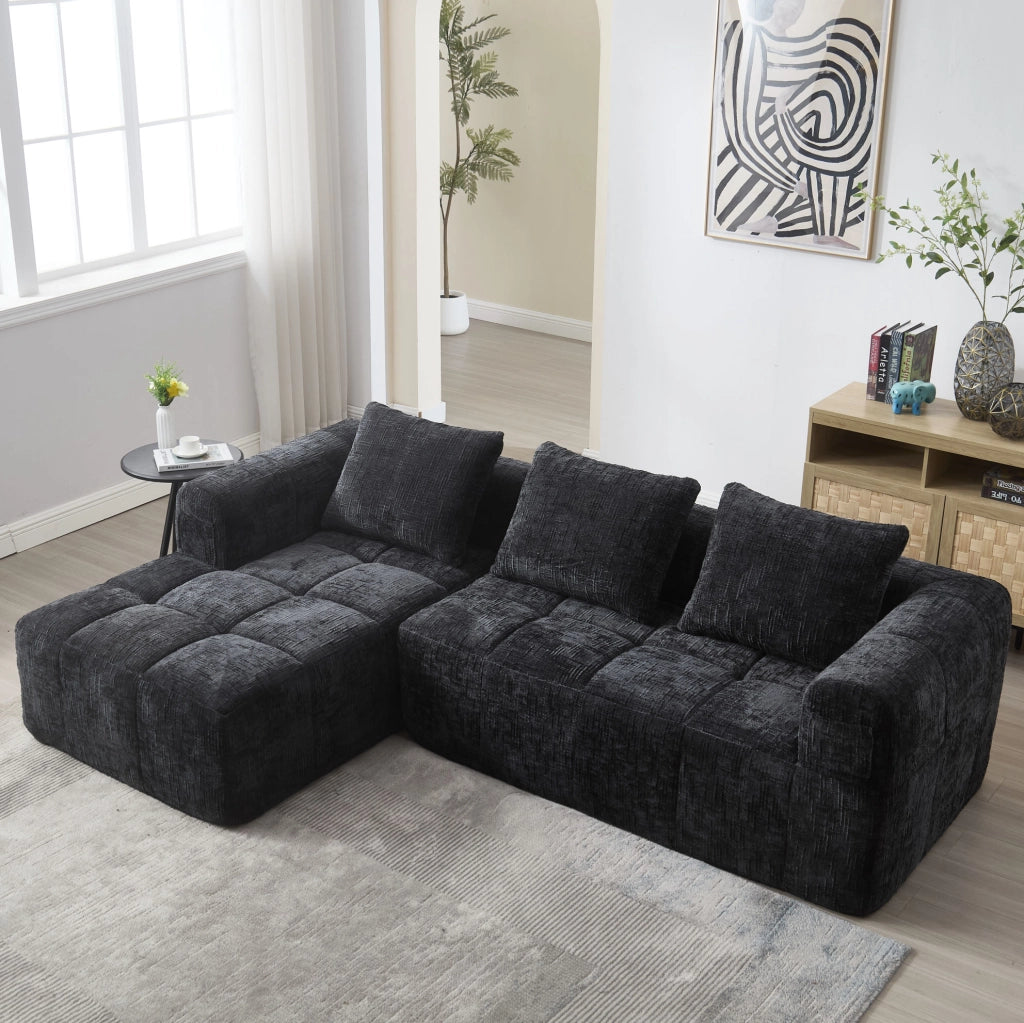 Divano componibile con chaise longue; 250x158x60 cm; chenille nero