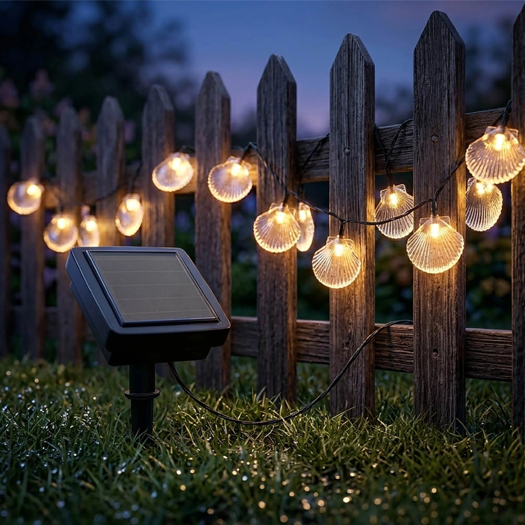Ghirlanda Luminosa Solare LED 5,8 m con 20 Conchiglie Decorative, Luce Calda, IP65 Impermeabile, Pannello Solare con Picchetto, Luci da Esterno per Giardino Terrazzo Balcone