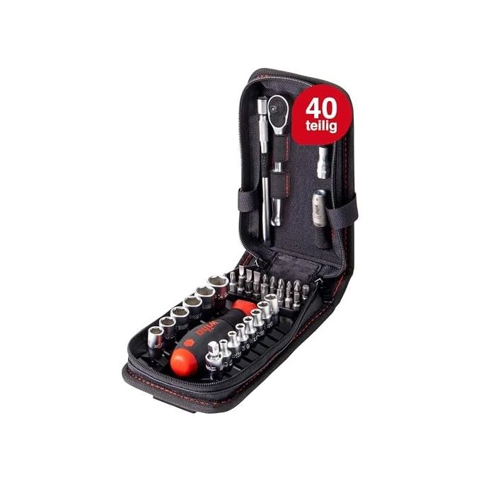 Wiha 44684 Set di Chiavi a Bussola ed Inserti 1-4'' 40 Pezzi con Borsa Funzionale e Clip per Cintura colore Nero