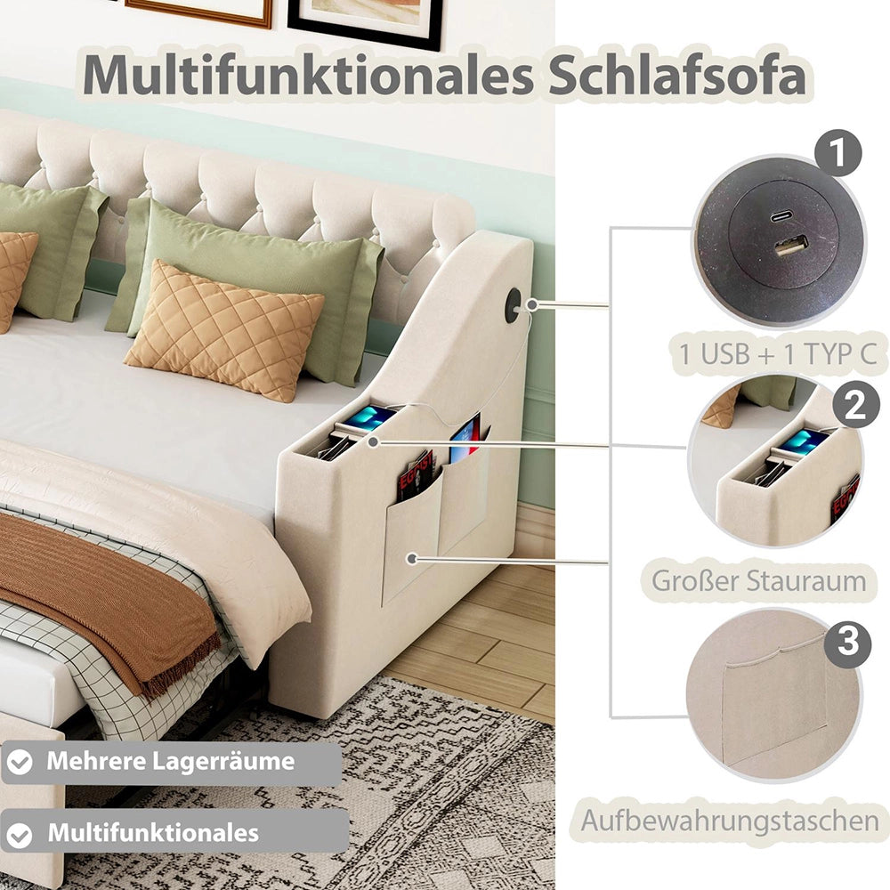 Divano letto - Xylo - 90/180x190 cm braccioli USB velluto beige
