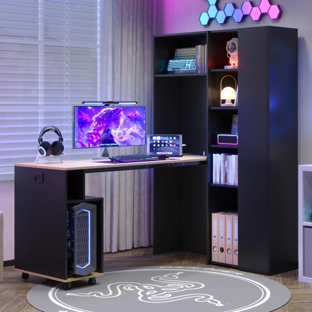Scrivania pieghevole con libreria 104;5x30;5x160 cm in MDF nero e rovere; con presa EU e USB