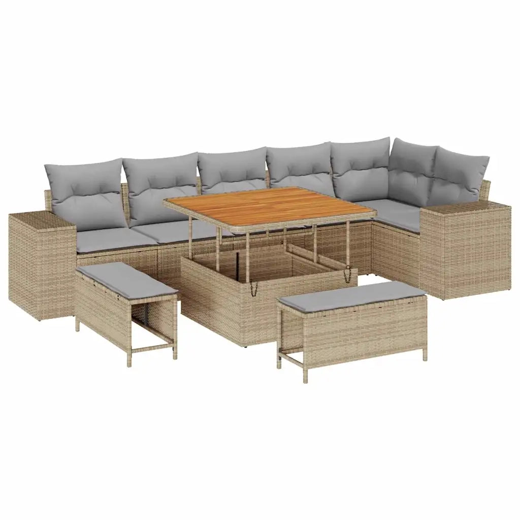 Set Divano da Giardino 9 pcs Beige e Grigio Chiaro polyrattan