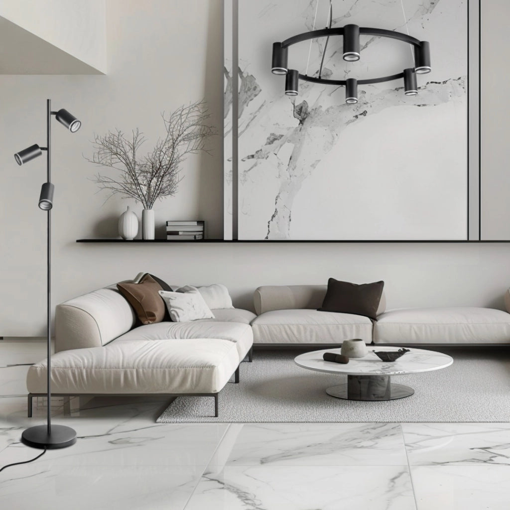 Lampada da terra Paris nera, anello acrilico 3xGU10 Polux