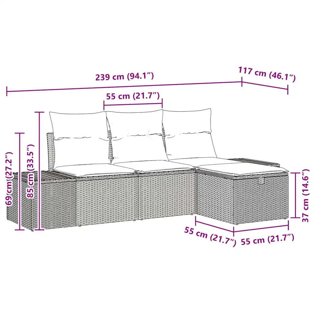 Set Divano da Giardino con cuscino 4 pcs Beige Poly Rattan 3359350