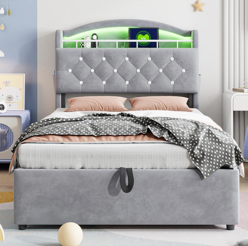 Letto imbottito per bambini 90x200 con contenitore, LED e USB