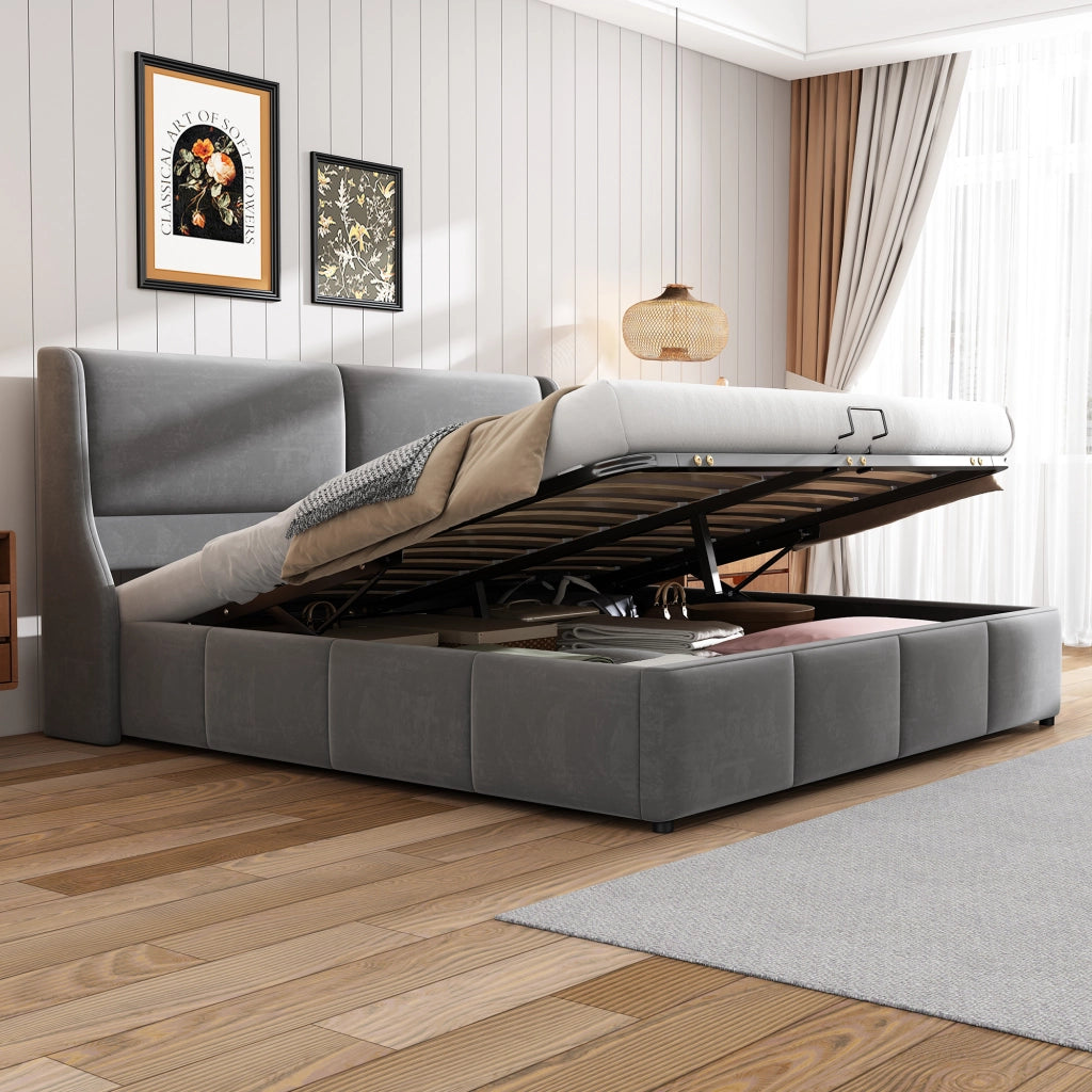 Letto imbottito matrimoniale 160x200 grigio con contenitore e sollevamento idraulico