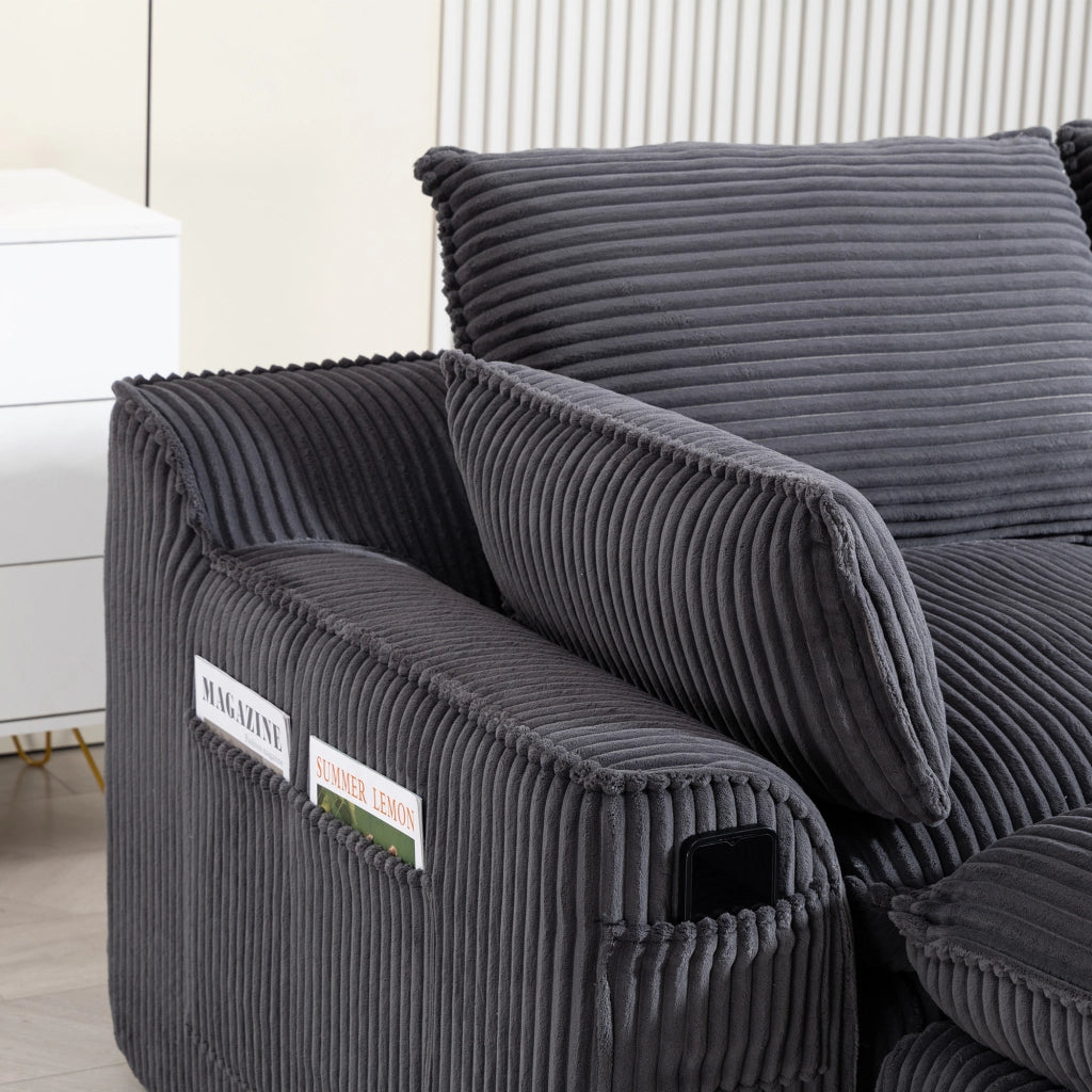 Divano Modulare 4 Posti con 2 Pouf ¨C MINIMAL ¨C Tessuto a Coste, Cuscini, Tasche Laterali, Grigio Scuro