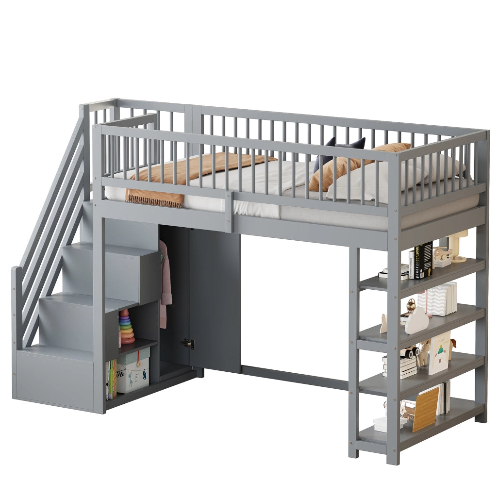 Letto a soppalco 90 × 200 cm con armadio ripiani e vani contenitore scala e barriera alta in legno grigio