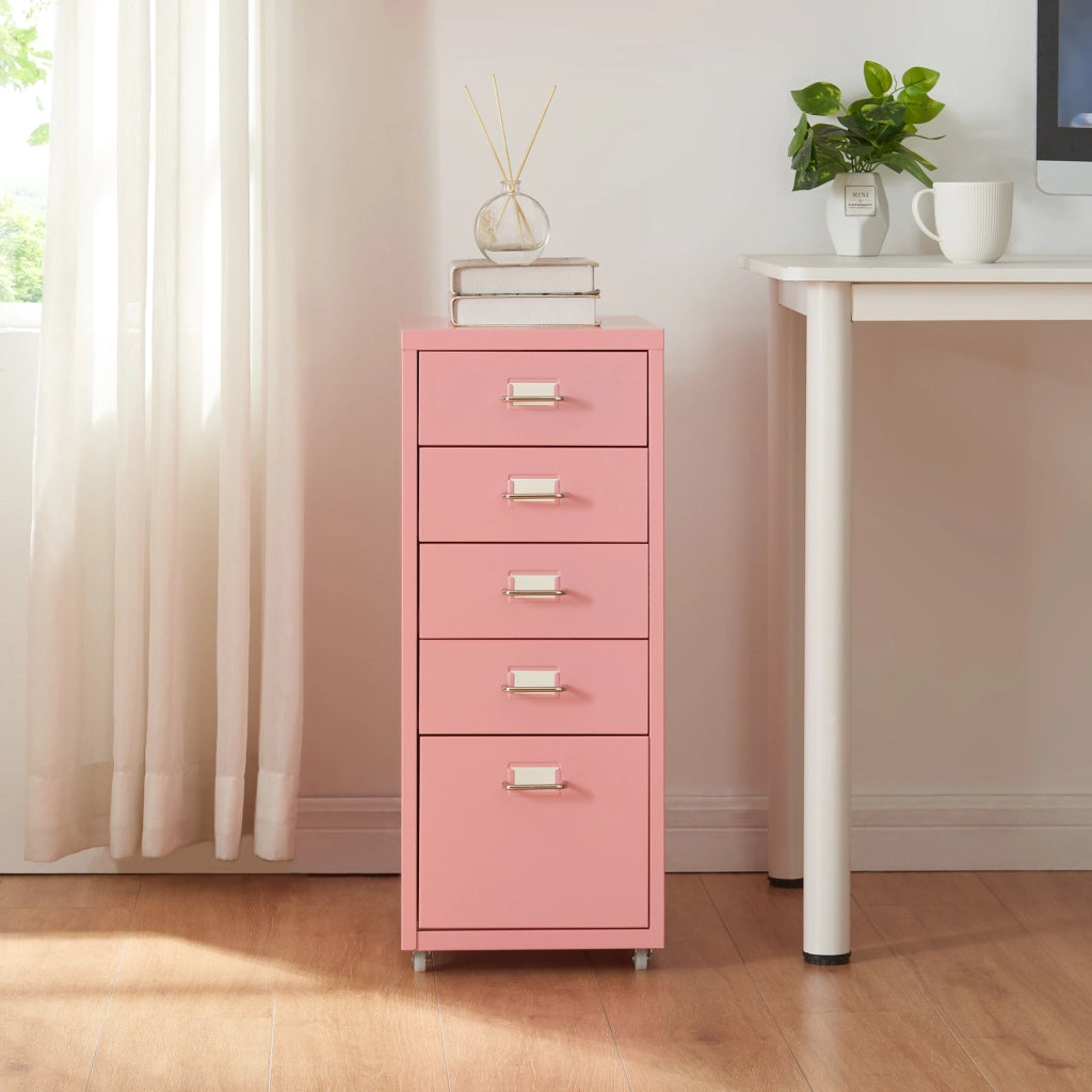 Cassettiera Kökar in Acciaio Mobile Archivio con 5 Cassetti e Rotelle - Rosa [en.casa]