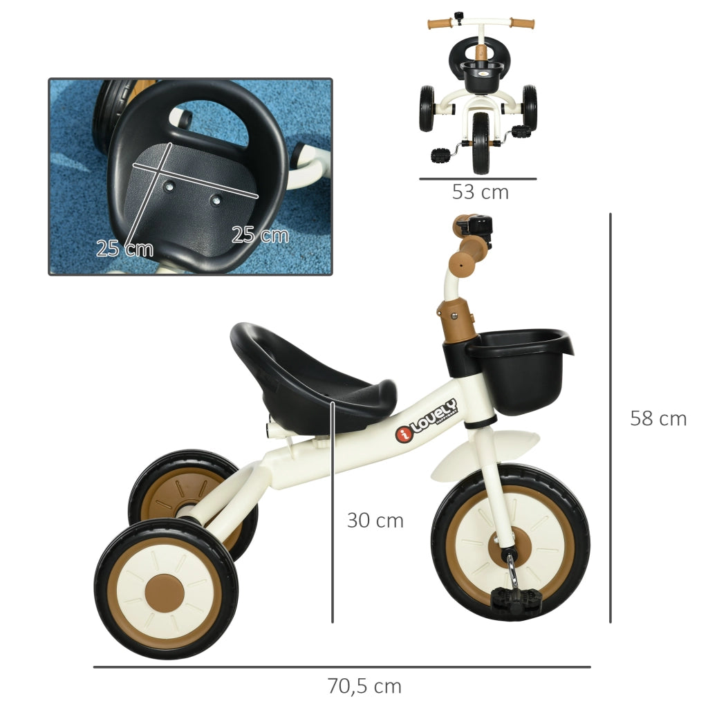 Triciclo per Bambini 2-5 Anni con Cestino e Campanello ¨C zephmum ¨C Crema 70.5x53x58 cm