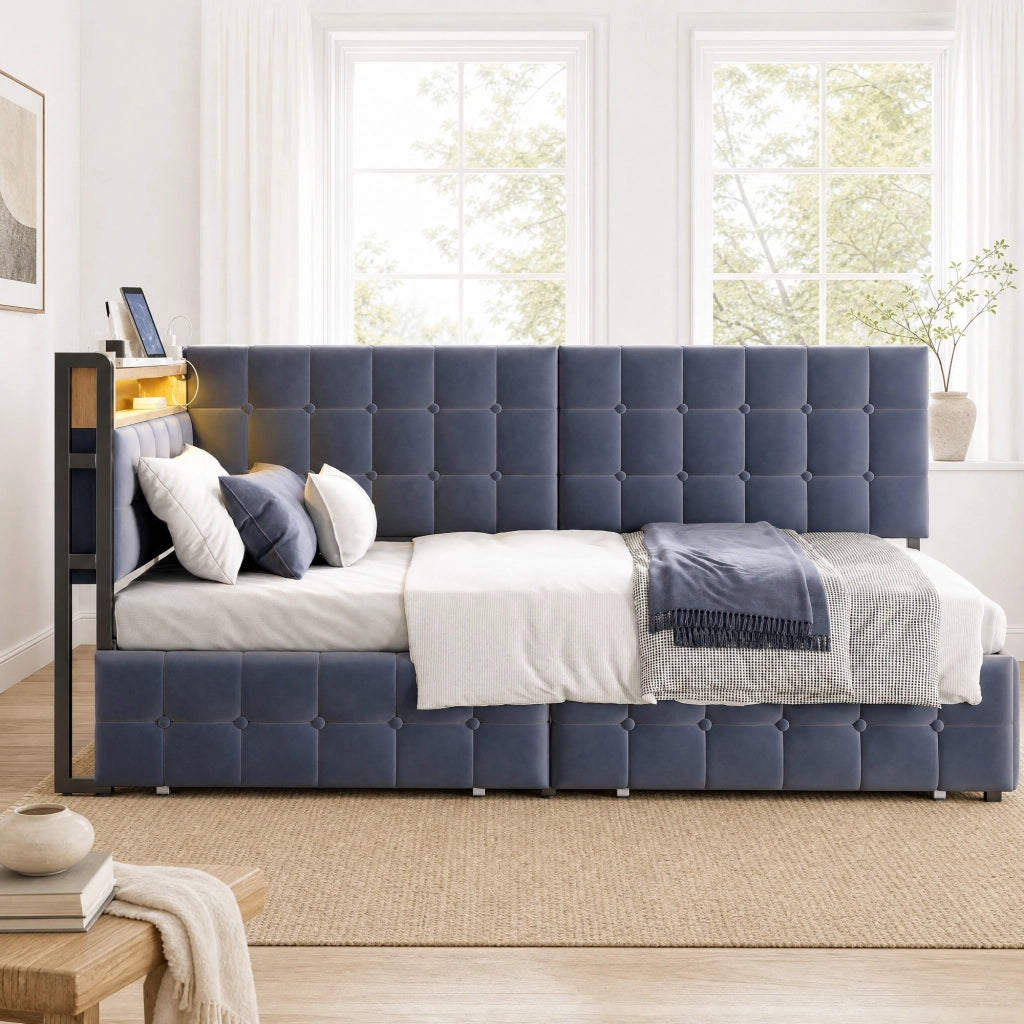 DIVANO LETTO 90x200 cm Imbottito Grigio con 2 cassetti, LED e USB
