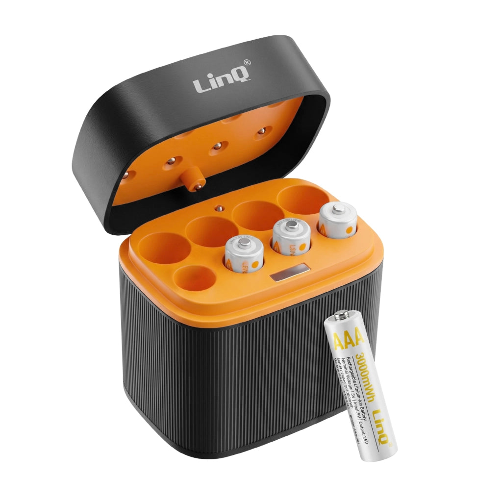 Caricabatterie Batterie AA e AAA 8 Slot con 4 Pile AAA Litio 1.5V Nero / Arancione LinQ