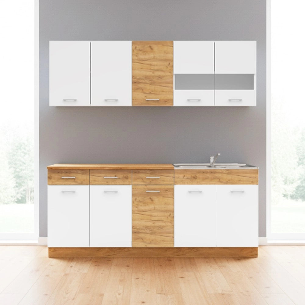 Cucina monoblocco 200 cm Erika bianco e rovere con lavello e pensili