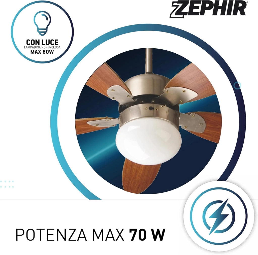 ZEPHIR Ventilatore da Soffitto con Telecomando e Luce E27 130 cm 5 Pale in Legno Marrone Reversibile con Timer 1-8h 3 Velocità 70W