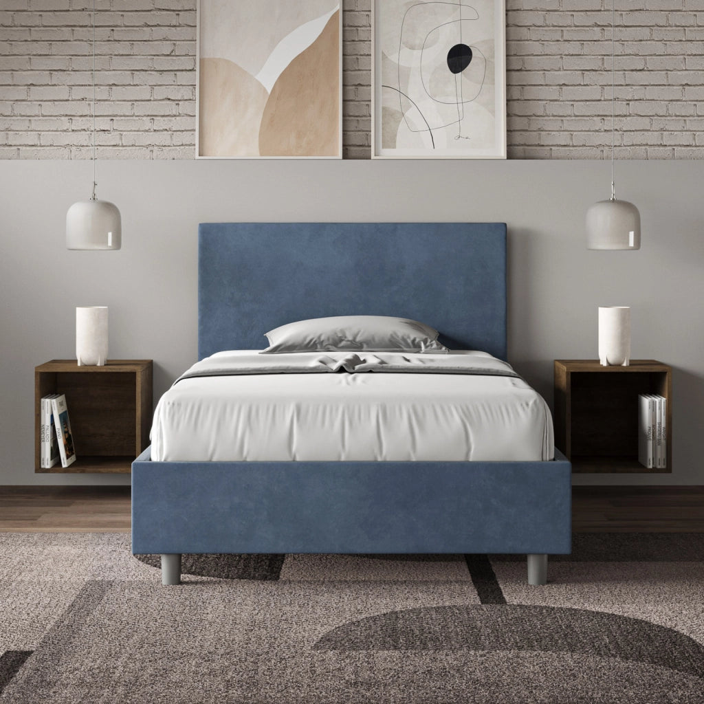 BS COM Letto una piazza e mezza contenitore imbottito 120x200 microfibra blu