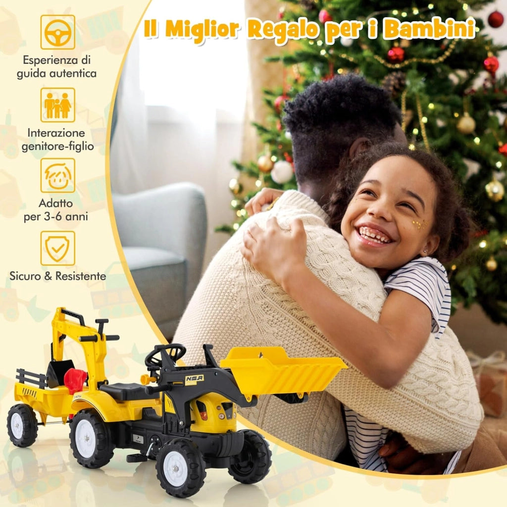 3 in 1 Escavatore per Bambini, Trattore con Rimorchio Staccabile Cavalcabile per Bambini, con 6 Ruote e 2 Benne, per Bambini 3-6 Anni (Giallo)