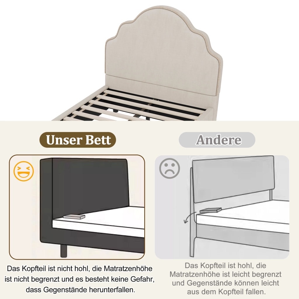 LETTO imbottito per bambini 90x200 cm beige in lino con rete inclusa