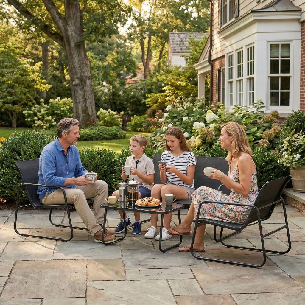 Set divano giardino 4 pezzi con divano, poltrona e tavolo ¨C Xylo ¨C grigio scuro e nero