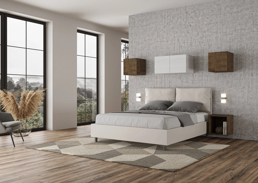 BS COM Letto matrimoniale con rete imbottito 160x200 similpelle bianco