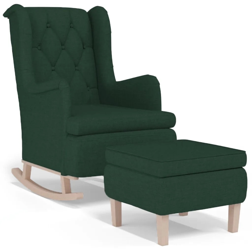 Poltrona con Gambe a Dondolo e Sgabello Verde Scuro in Tessuto
