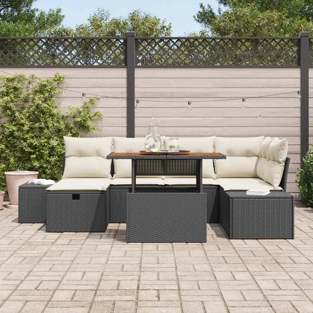 Set Divano da Giardino con cuscino 7 pcs Nero polyrattan
